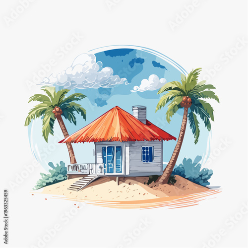 Charming isolated beach house nestled between swaying palm trees on a serene tropical island, evoking dreams of a peaceful summer vacation and idyllic escape