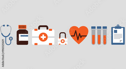 Collection of medical health icons including stethoscope medicine first aid kit heart pulse test tubes and clipboard for healthcare services concepts.