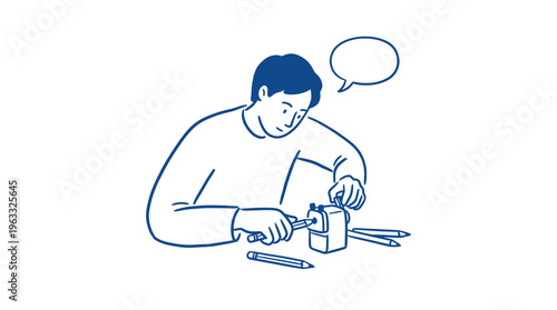 Focused man sharpening his pencils using a mechanical sharpener at a desk with a speech bubble indicating deep creative thought.