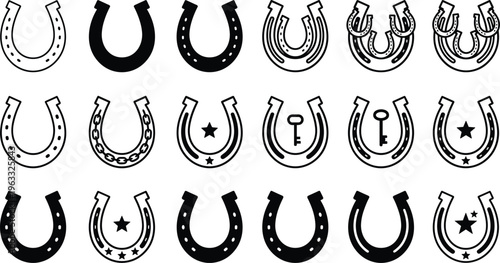 Lucky horseshoe silhouette set, cad drawing flat vector illustration of horse shoe icons with stars and keys for equestrian design elements.