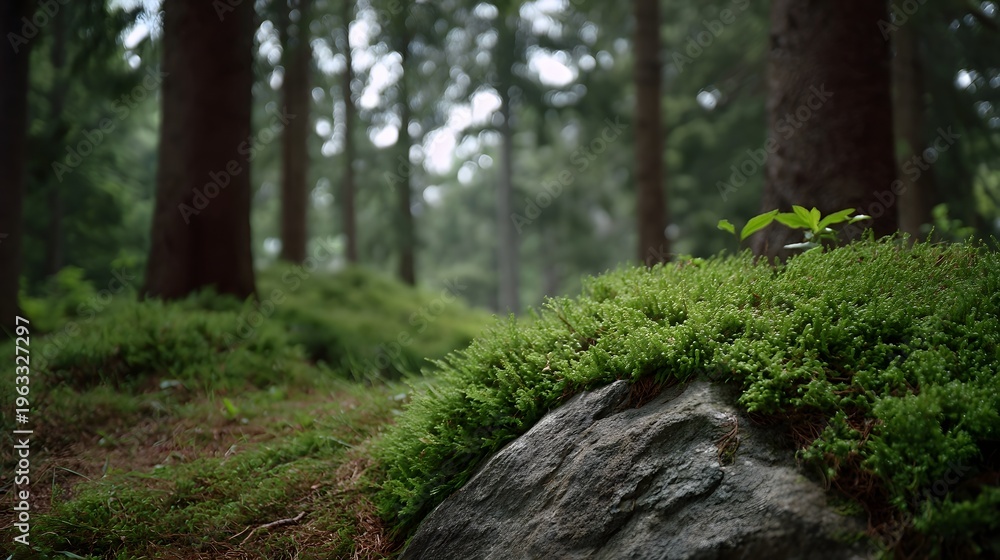 Fototapeta premium Serene forest floor with lush green moss covering rocks and ground blurred trees in background