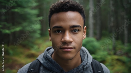 Young man in a forest wearing a grey hoodie and backpack looking into the with a focused expression