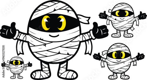 Cute mummy cartoon character set, spooky Halloween monster vector illustration, friendly undead mummy mascot with yellow eyes and bandages