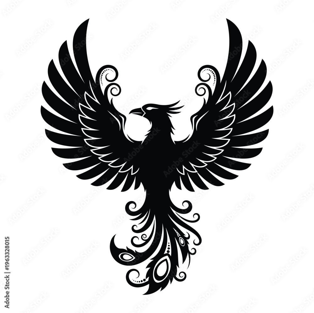 Obraz premium Black silhouette of a stylized phoenix with ornate tail feathers