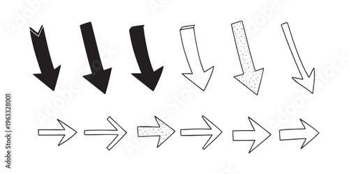 Hand-Drawn Arrows Set - Downward and Rightward Directions in Black and White