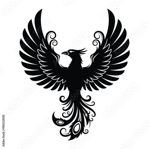Black silhouette of a stylized phoenix with ornate tail feathers
