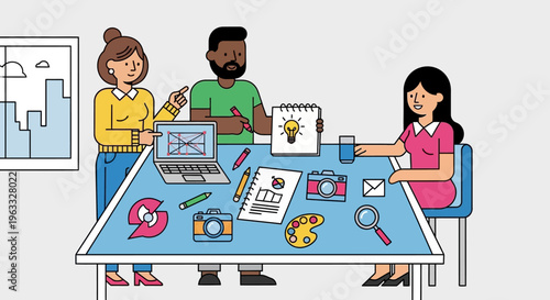 Diverse creative professionals engage in a productive brainstorming session, developing innovative design concepts and sharing ideas within a collaborative office setting.