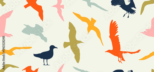 Seamless pattern seagull silhouette. Group Seagull Flying SIlhouette vector background. Flying and standing seagulls birds silhouette black collection isolated on white endless pattern.