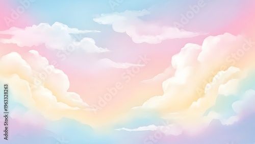 Dreamy pastel sky with soft clouds in a gentle, colorful, and ethereal gradient of pink, yellow, and blue, evoking a sense of peace and wonder