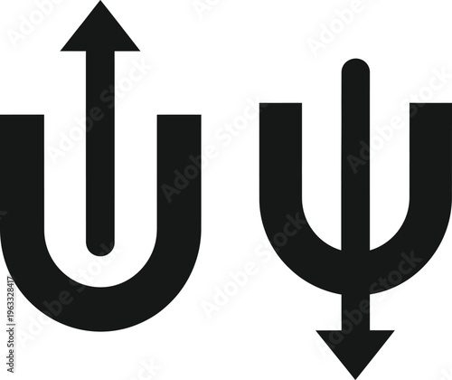 Silhouette of two opposing trident like symbols with arrows on a white background