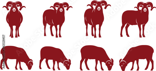 Collection of stylized dark red ram and sheep animal silhouettes for design use