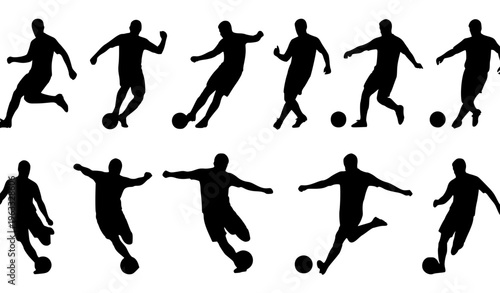 Soccer Player Kicking Ball Silhouette Vector Set Football Athlete Action Pose Collection Isolated on White