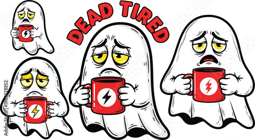 Retro cartoon ghost stickers with Dead Tired text, funny exhausted ghost character holding coffee mug, vintage comic style spooky vector set