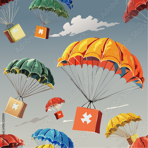 Parachutes delivering essential supplies and aid packages.