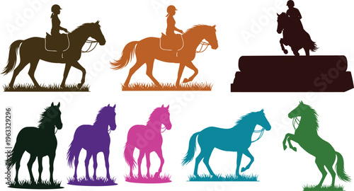 Collection of colorful horse silhouettes showing riding and jumping various activities