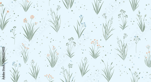 Subtle and elegant pattern of delicate wildflowers and grasses on a pale light blue background for natural aesthetic design.