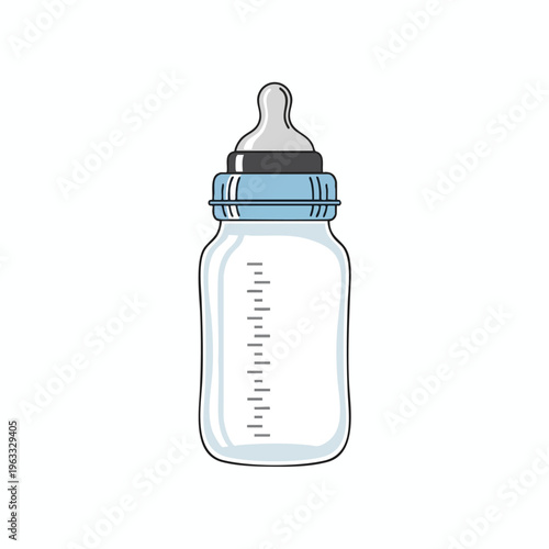 A transparent baby bottle with blue cap and grey nipple, marked with measurements