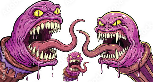Creepy monster ice cream cone characters, scary purple alien dessert with sharp teeth and long tongues, horror food vector illustration
