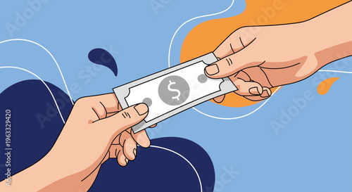 Cartoon illustration of two hands exchanging a dollar bill over an abstract blue and orange background for finance themes.