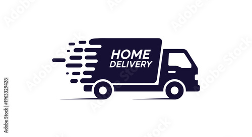 Dark blue silhouette of a fast moving delivery truck with home delivery text representing efficient shipping and logistics.