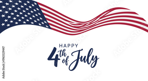 Waving United States flag at the top with happy 4th of july text below to celebrate american independence day holiday today.