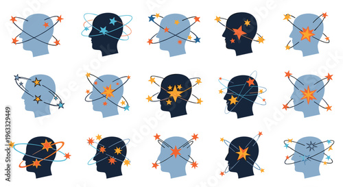 Collection of fifteen head silhouettes with stars orbiting around them representing dizziness confusion or concussion.