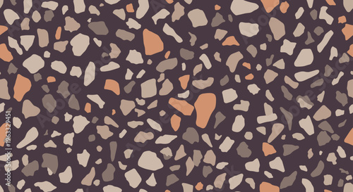 Seamless repeating terrazzo pattern with abstract stone chips in brown tan and orange tones for architectural surface design.