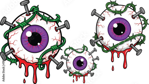 Horror eyeball vector set with barbed wire and nails, creepy bleeding eyes in cartoon style, spooky halloween eyeball illustrations with blood drips
