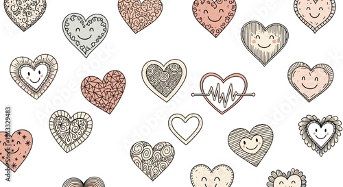 Whimsical pattern of diverse hand drawn heart shapes with patterns and faces representing love and positive emotions.