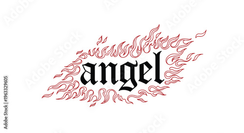 Gothic style word Angel written in black font surrounded by red outlines of burning flames on a white background.