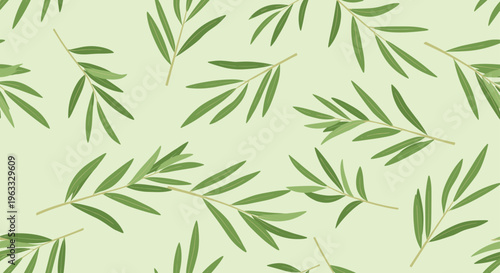 Seamless pattern of green olive branches with leaves scattered on a pale green background for natural product design.