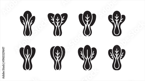 Black bok choy symbol set, minimalist vegetable illustrations for nutrition, Asian cuisine, and organic farming use