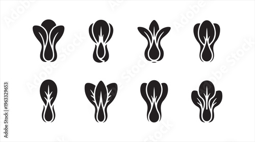 Minimal bok choy silhouette icons set, black leafy vegetable symbols isolated on clean background for food design