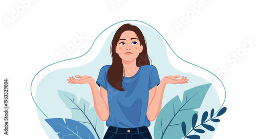 Uncertain woman shrugging her shoulders with hands out against a decorative leaf background for doubt concepts.