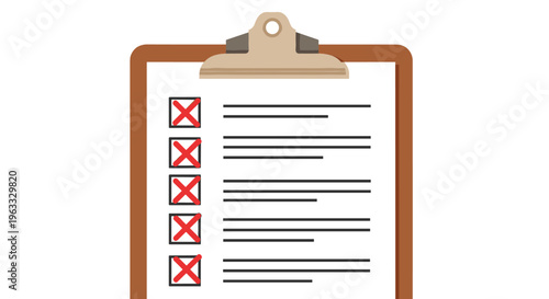 Checklist on a clipboard where all items are marked with red crosses represents unsuccessful tasks or error concepts.