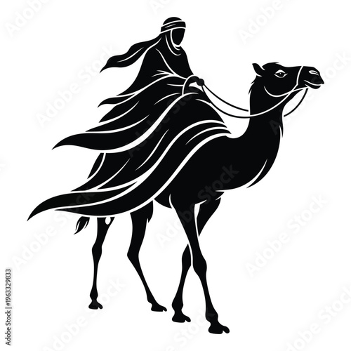 Silhouette of a person riding a camel with flowing robes