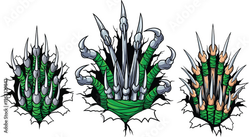 Monster claw ripping through paper, sharp animal talons tearing metal surface, set of 3 aggressive beast hand vectors for sports mascots and gaming