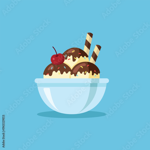 Ice Cream Sundae in Bowl with Chocolate Topping Cherry and Wafer Sticks. Vanilla Scoops with Sprinkles Dessert. Sweet Cold Summer Treat Vector on Blue Background.
