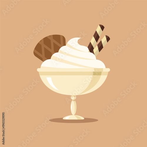 Vanilla Ice Cream Sundae with Wafer Biscuit and Wafer Rolls. Sweet Soft Serve Dessert in Glass Bowl. Cold Summer Treat Vector Illustration on Brown Background.