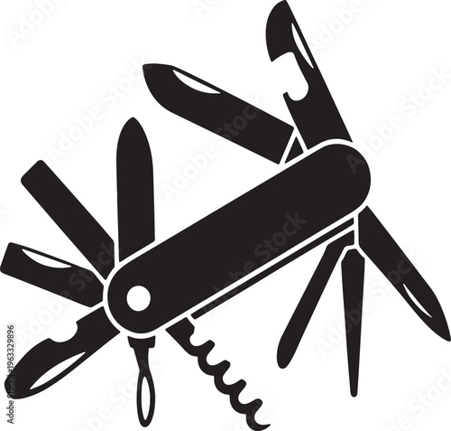 Black Silhouette of an Open Multi- Tool Pocket Knife with Various Blades and Tools Extended