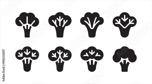 Minimal broccoli silhouette icons set, black vegetable symbols isolated on clean background for healthy food design