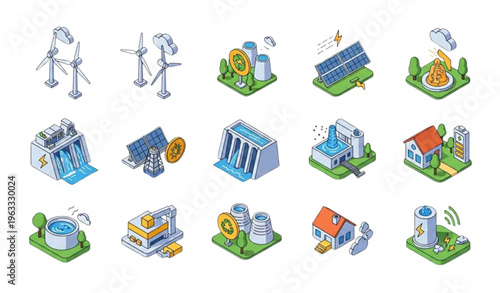 Isometric Clean Energy Icon Set with Solar Wind Hydro and Renewable Power Sources