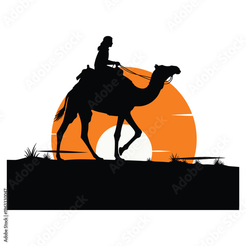 Silhouette of person riding camel against orange sun