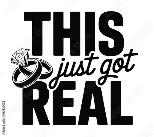 Engagement announcement with rings and text in bold black silhouette