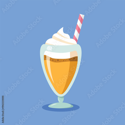 Mango Milkshake Illustration with Whipped Cream and Straw. Fresh Tropical Fruit Smoothie in Glass. Sweet Mango Lassi Vector Drink on Blue Background.