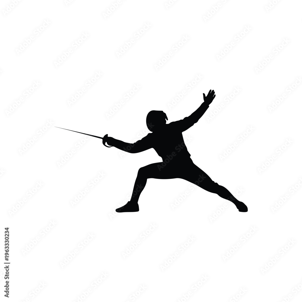 Fototapeta premium Fencer in lunge position with sword fencing silhouette vector flat design on white background.