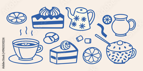A collection of hand drawn blue and white tea and dessert items