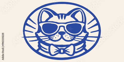 Cool cat wearing sunglasses and a bow tie inside an oval frame