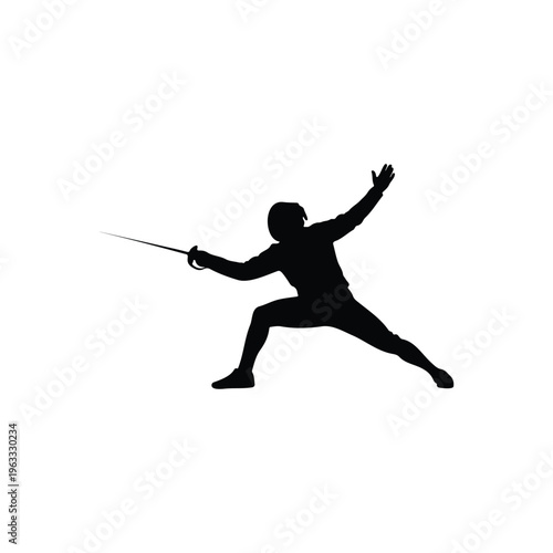 Fencer in lunge position with sword fencing silhouette vector flat design on white background.
