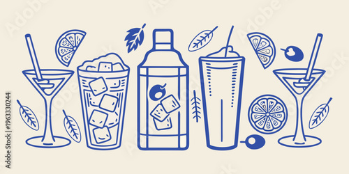 Blue line art illustration of various cocktail glasses and ingredients